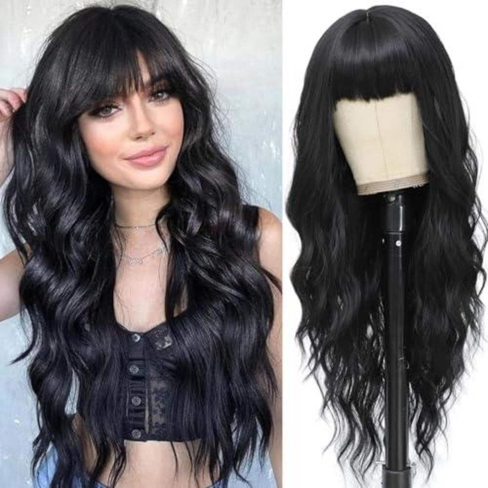 Long Wavy Black Wig with Bangs Synthetic Heat Resistant Natural Wave Hair‎